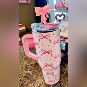 Pink Bows & Hearts Stainless Steel Tumbler- with Bow Straw Topper! 40 oz- NWT
